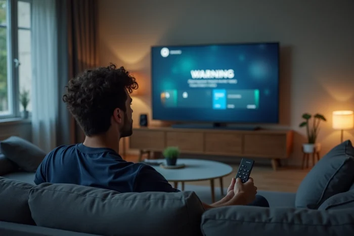 Homme regardant une plateforme de streaming sur sa télévision, avec une interface évoquant un site de films illimités potentiellement illégal