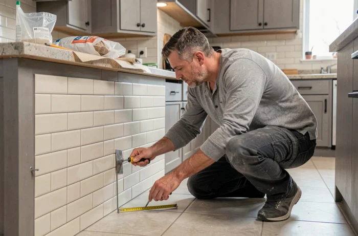 Homme posant un carrelage en faïence dans une cuisine lors de travaux de rénovation intérieure