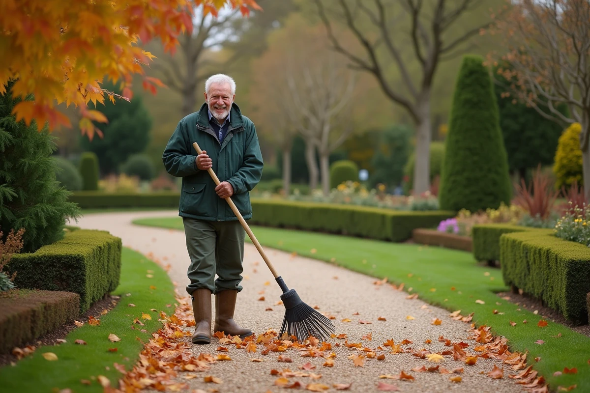 Homme âgé râtissant des feuilles d