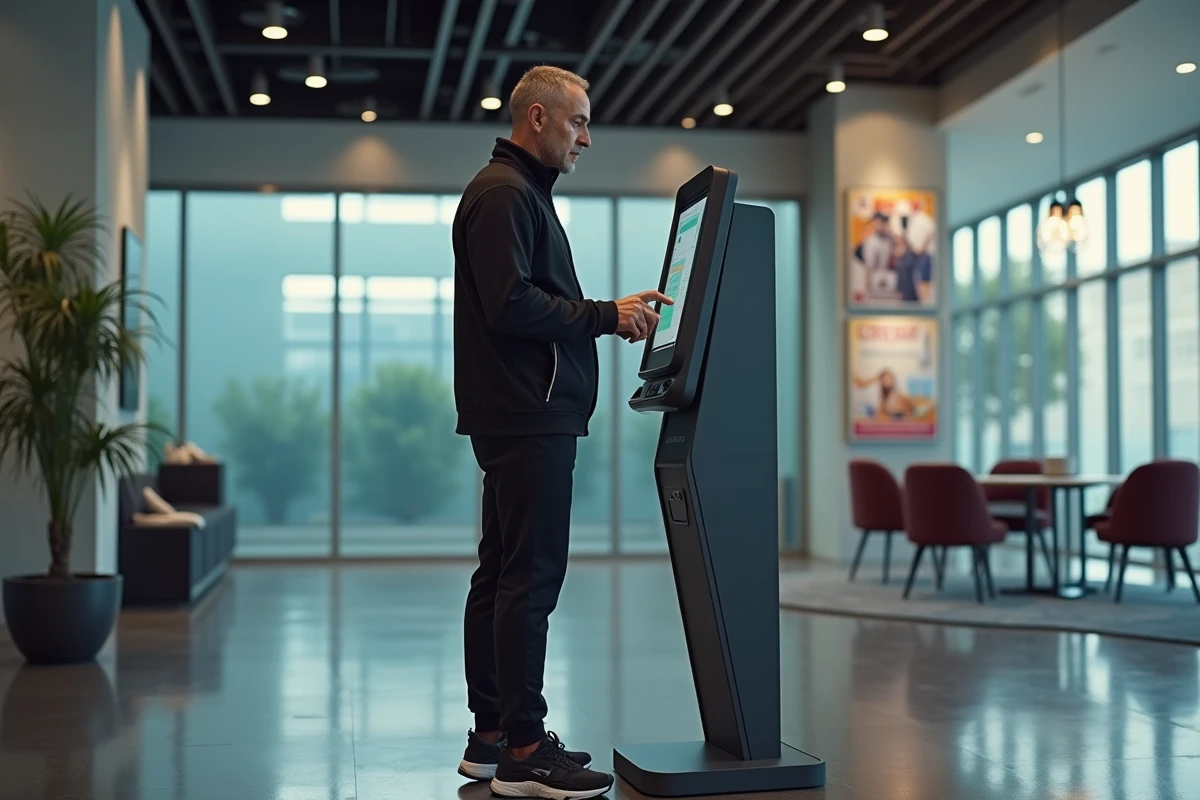 Homme en tenue de sport utilisant un kiosque d