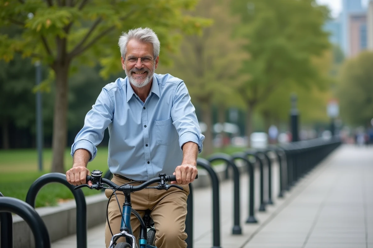 Homme souriant à vélo près d’un parc urbain