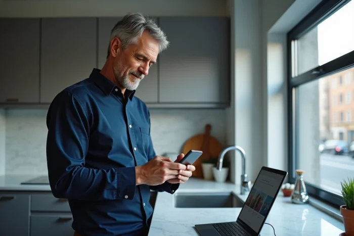 Homme utilisant smartphone et tablette pour rechercher des alternatives après la fermeture de Sorlav