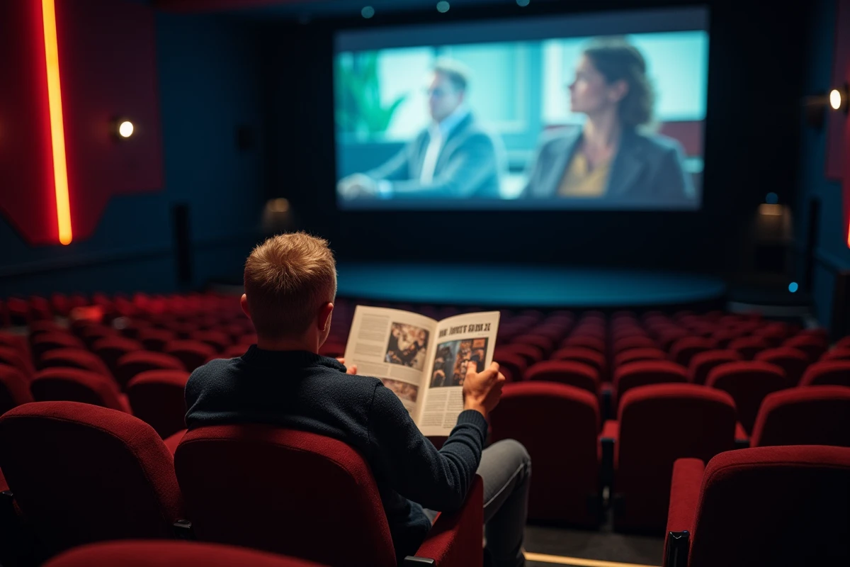 Homme lisant prospectus dans une salle de cinéma sombre