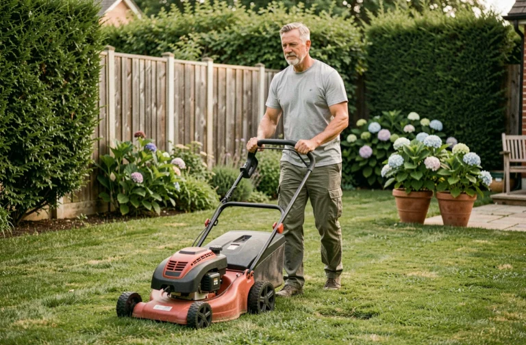 Homme utilisant la tondeuse Greencut GLM660SX dans un jardin suburban bien entretenu avec haies et patio en pierre