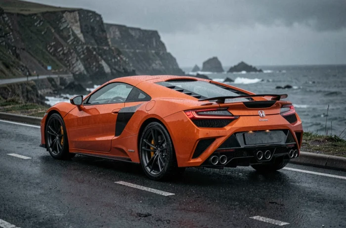 Honda NSX deuxième génération en orange sur une route côtière mouillée au crépuscule, vue arrière trois quarts révélant les éléments aérodynamiques et le badge hybride