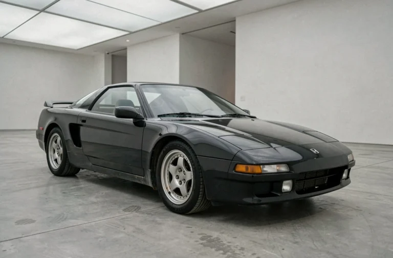 Honda NSX première génération en noir stationnée dans un musée automobile minimaliste, vue trois quarts avant basse mettant en valeur son profil aérodynamique classique