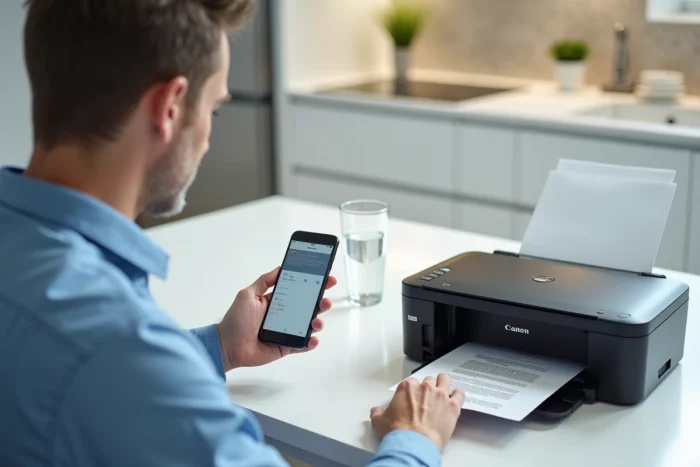Homme imprimant un document depuis son iPhone vers une imprimante Canon sans fil dans une cuisine moderne