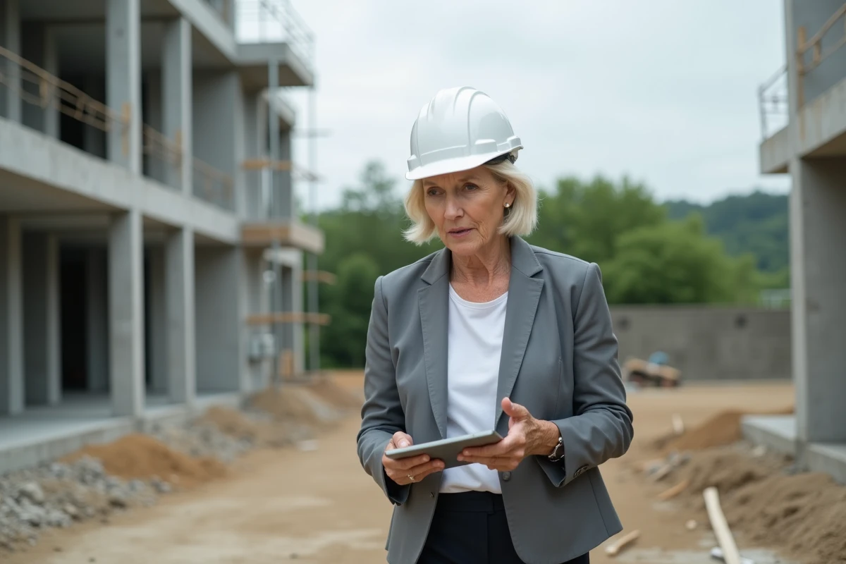 Femme inspectant un chantier de construction avec une tablette