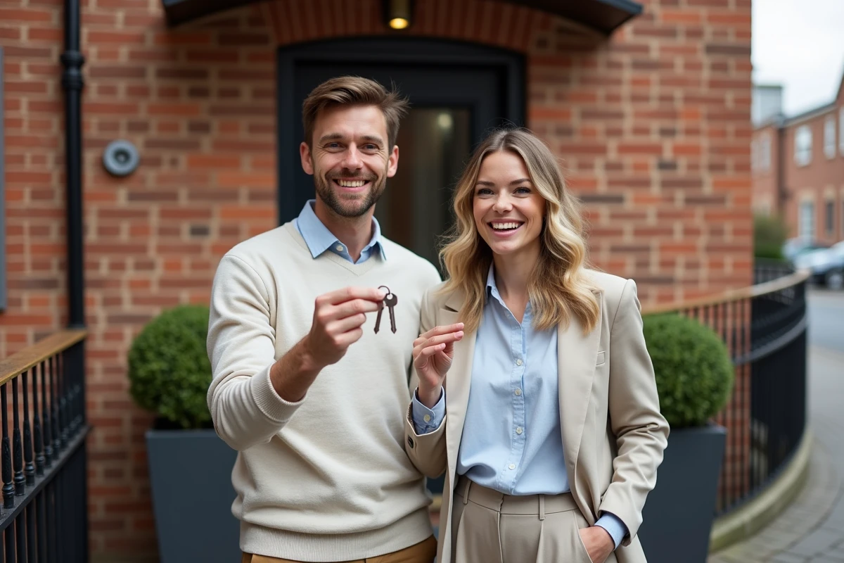 Jeune couple souriant devant une maison rénovée avec clés en main
