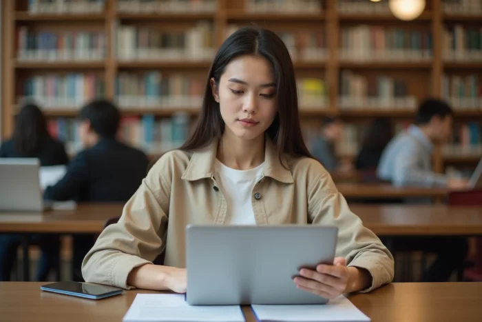 Jeune femme en bibliothèque prenant des notes pour retrouver ses sites favoris après une fermeture de service en ligne