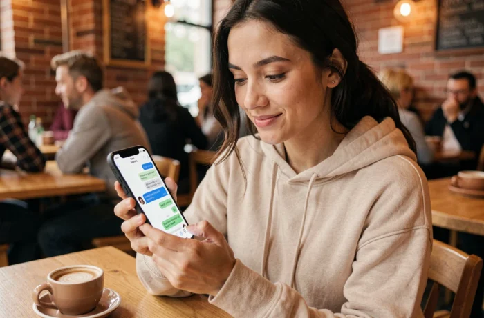 Jeune femme consultant un chatbot conversationnel sur smartphone dans un café urbain, illustrant l'usage quotidien des assistants automatisés en 2024