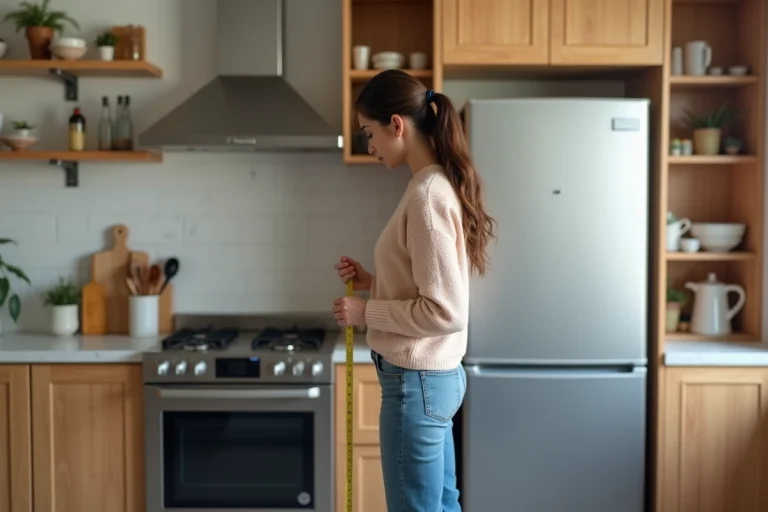 Jeune femme en cuisine mesurant l'espace entre appareils