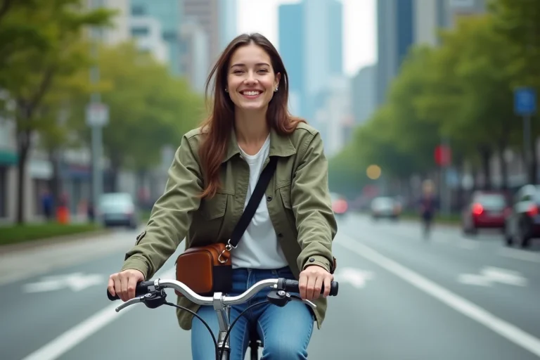 Jeune femme en vélo urbain dans une rue animée