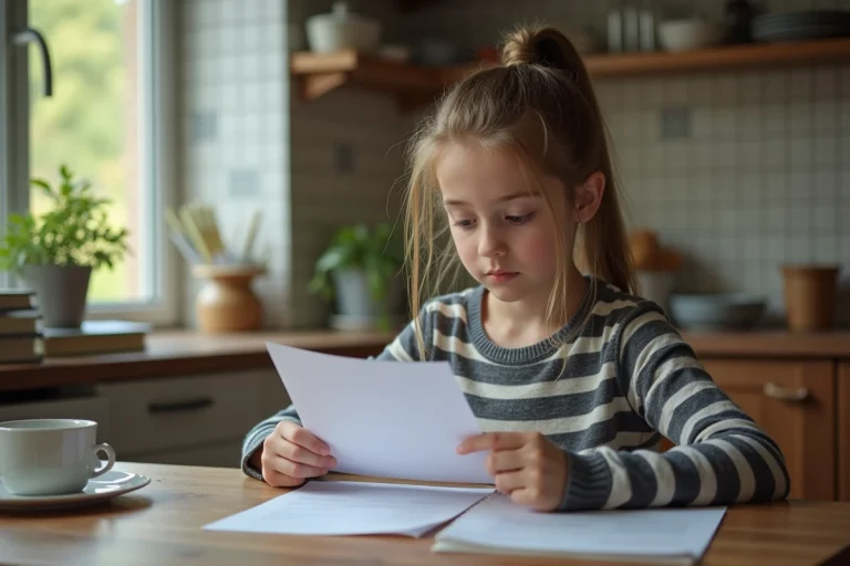 Jeune fille française de 15 ans consulte son rapport scolaire à la maison