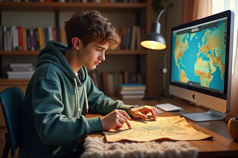 Jeune homme examinant une carte dans sa chambre gamer
