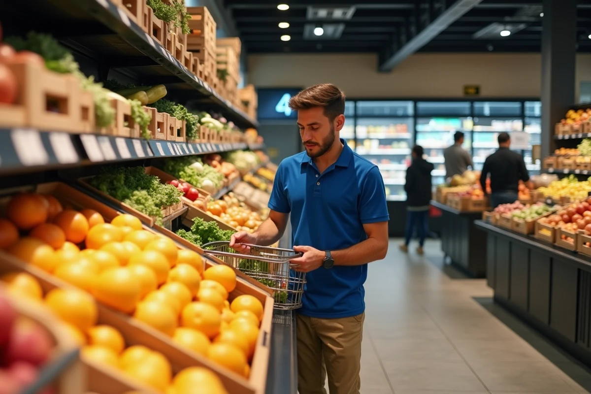 Employe de supermarche reapprovisionnant fruits frais