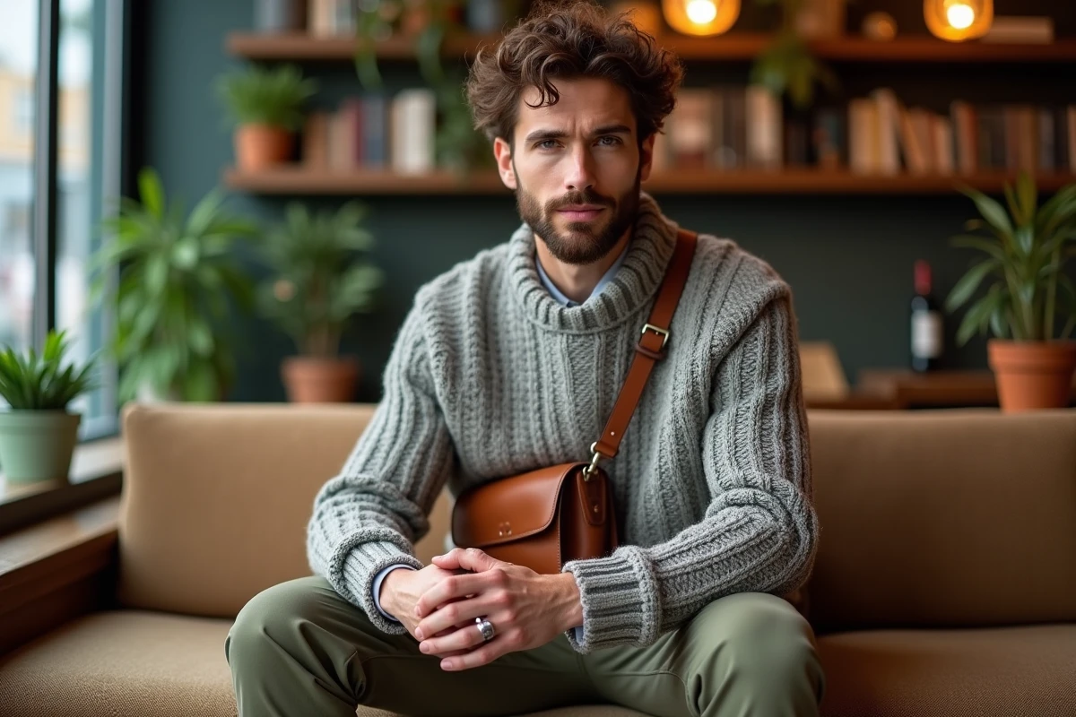 Jeune homme dans un café cosy avec accessoires en cuir