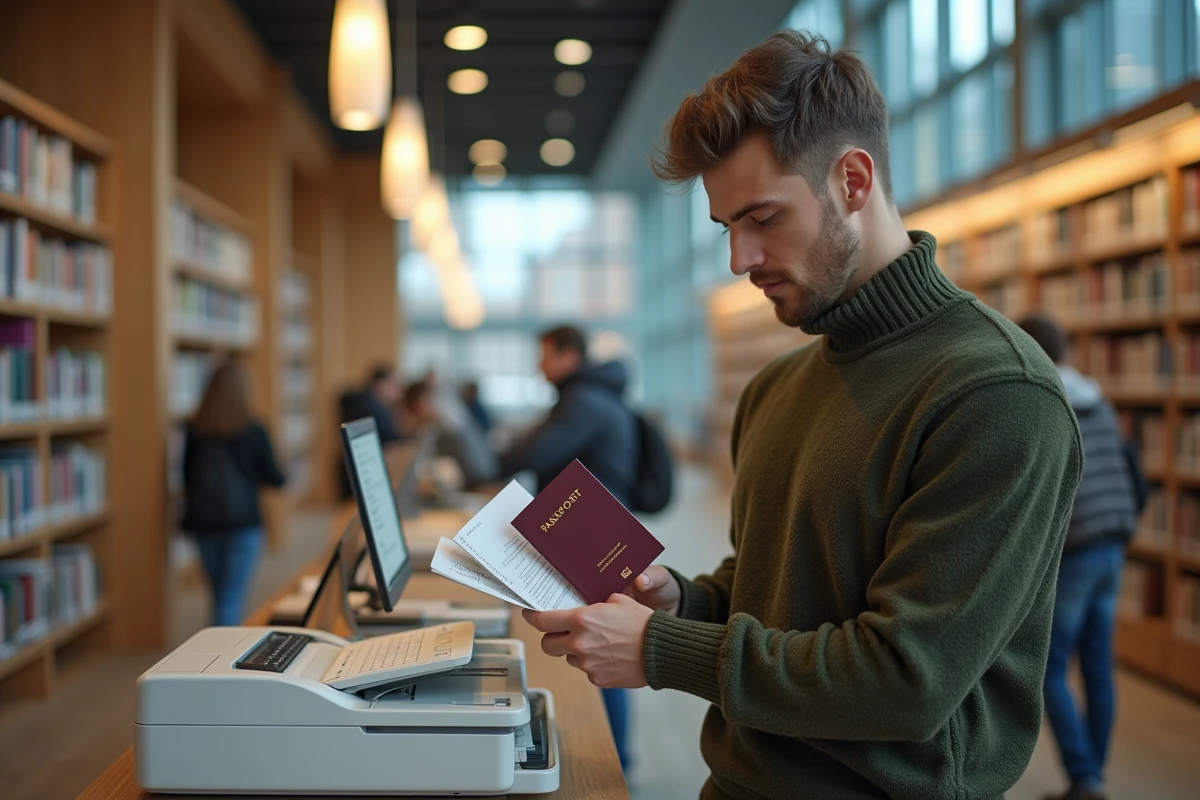 Jeune homme feuilletant son passeport à la bibliothèque