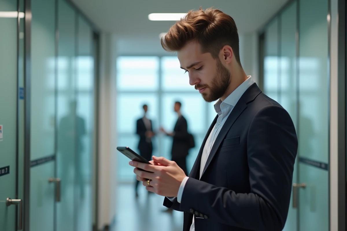 Jeune homme lisant un rapport d absence sur son téléphone