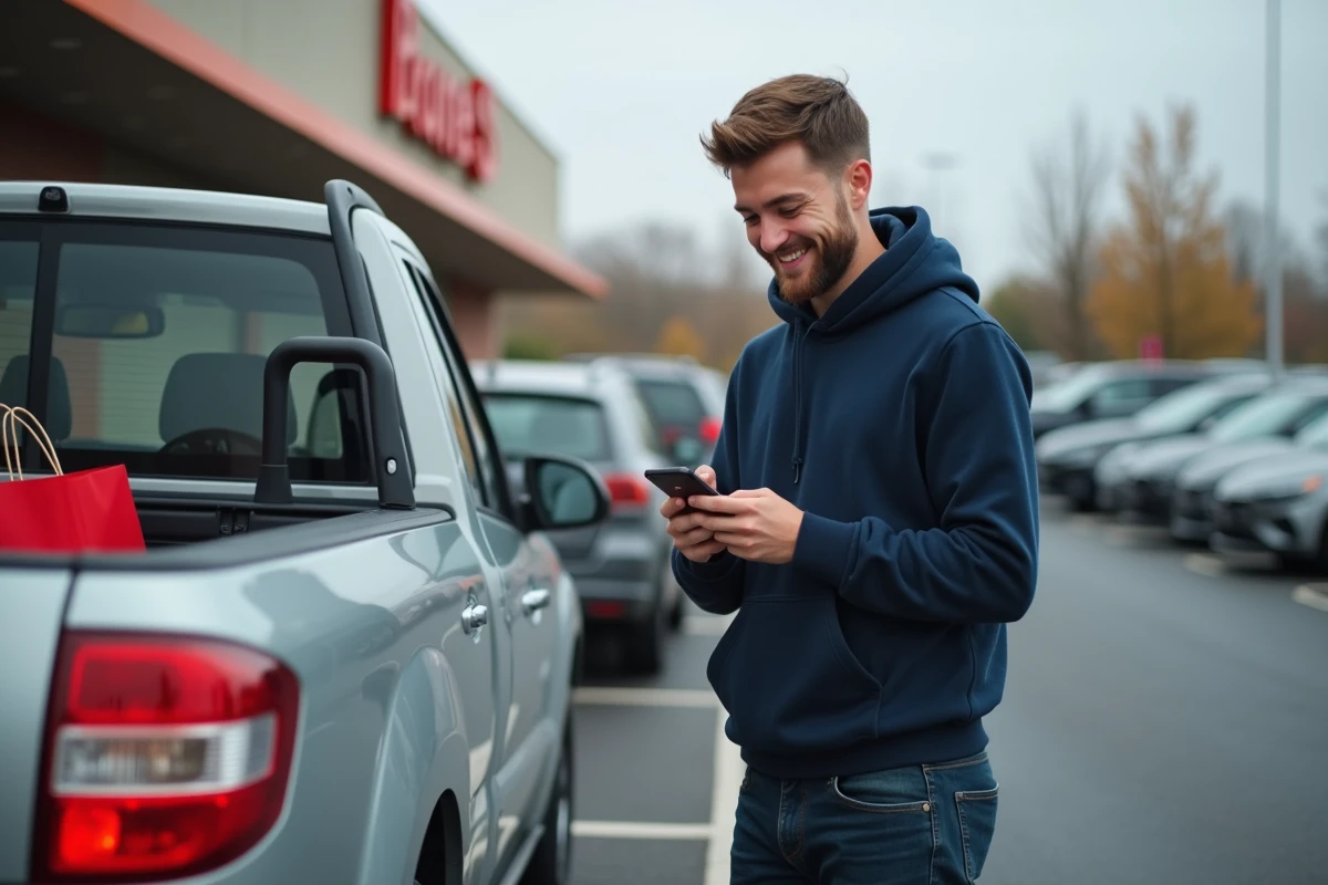 Jeune homme vérifiant son smartphone près de sa voiture au parking