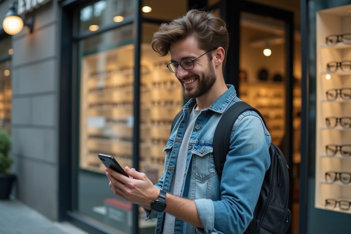 Jeune homme souriant devant une vitrine de magasin d optique