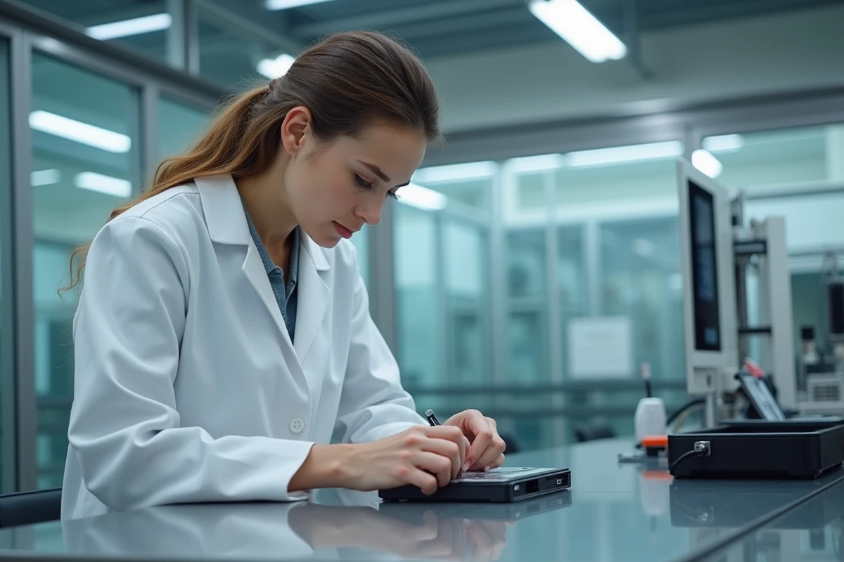 Jeune femme chercheuse assemblant une batterie lithium moderne en laboratoire