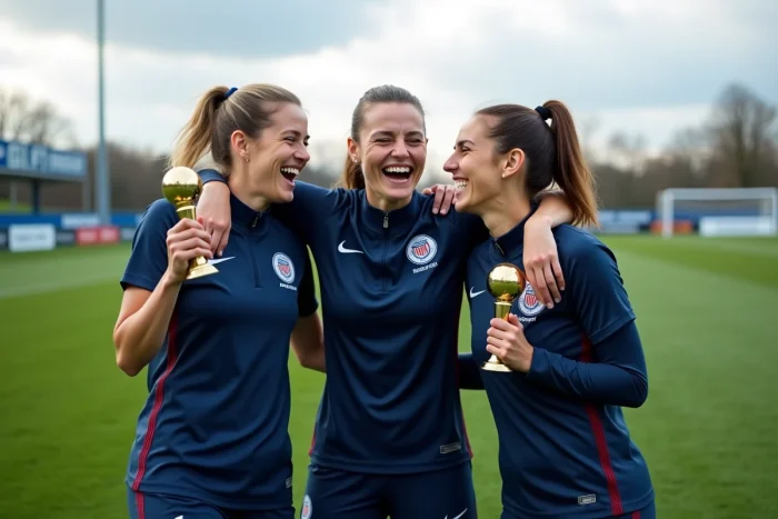 Trois joueuses de football féminin célébrant un titre avec un trophée lors d'un entraînement officiel du club