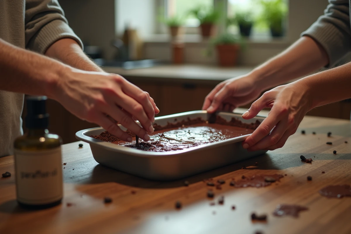 Mains versant du chocolat dans un plat avec huile de paraffine
