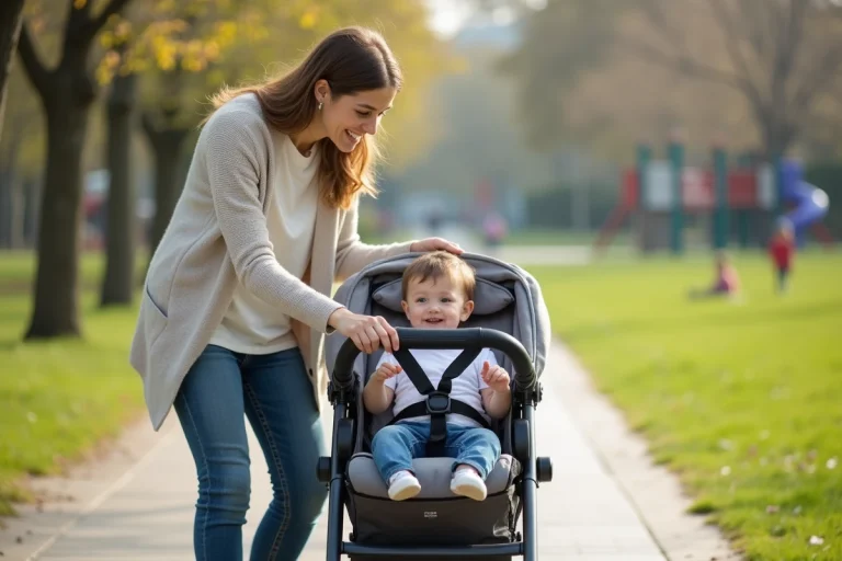 Jeune maman avec bébé dans une poussette en parc urbain