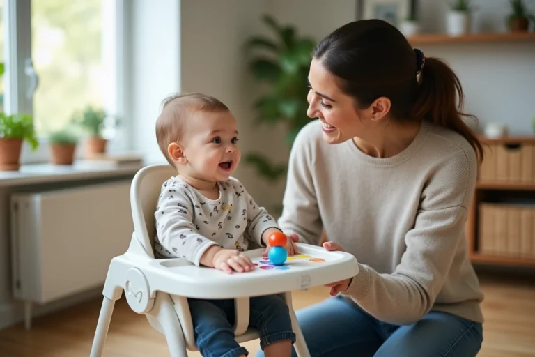 Maman souriante avec son bébé dans un espace intérieur lumineux