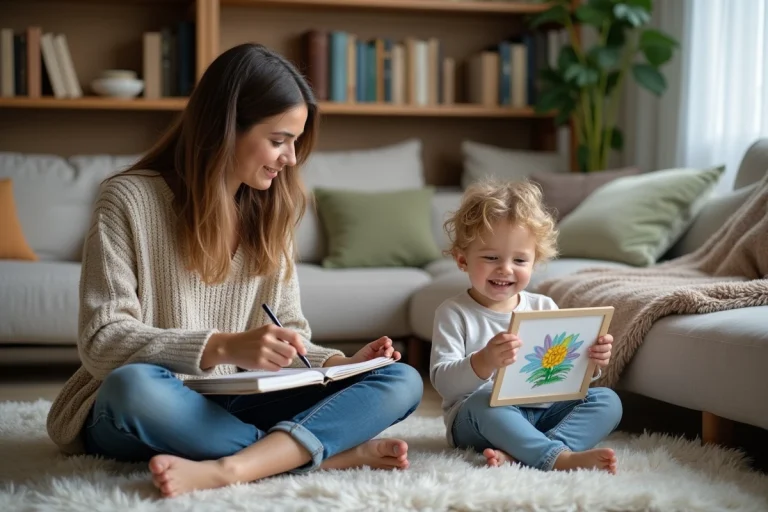 Maman et son enfant souriant avec dessin coloré