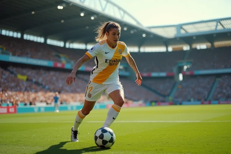 Joueuse professionnelle de football féminin en action avec ballon dans un stade de la FIFA rempli de supporters