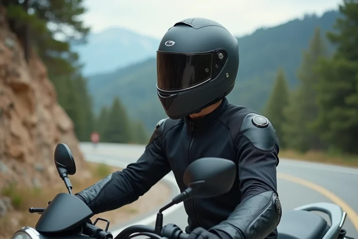 Motard sur une Benda Avengers 125 en route de montagne, portant équipement complet avec casque intégral et veste textile
