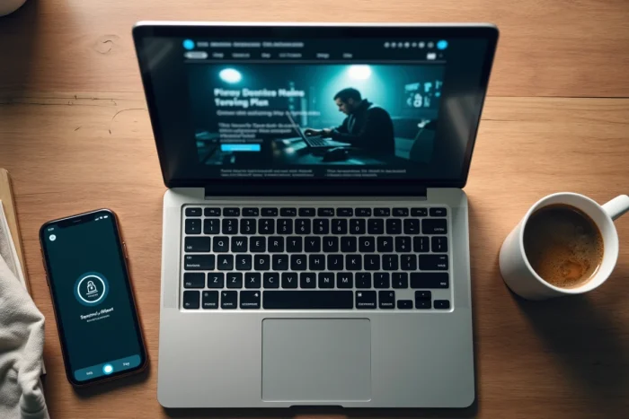 Vue en plongée d'un ordinateur portable affichant un site de streaming illégal et d'un smartphone avec une alerte de sécurité, symbolisant les risques pour les utilisateurs