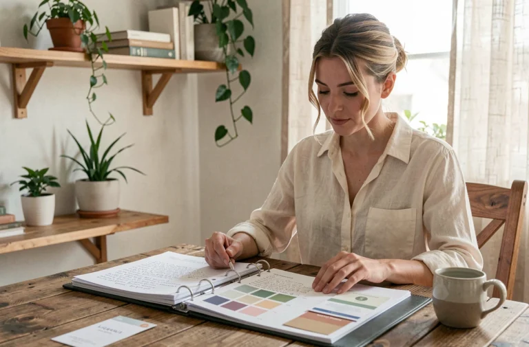 Femme organisant son mariage avec un classeur de planification de mariage sur une table en bois dans un bureau scandinave