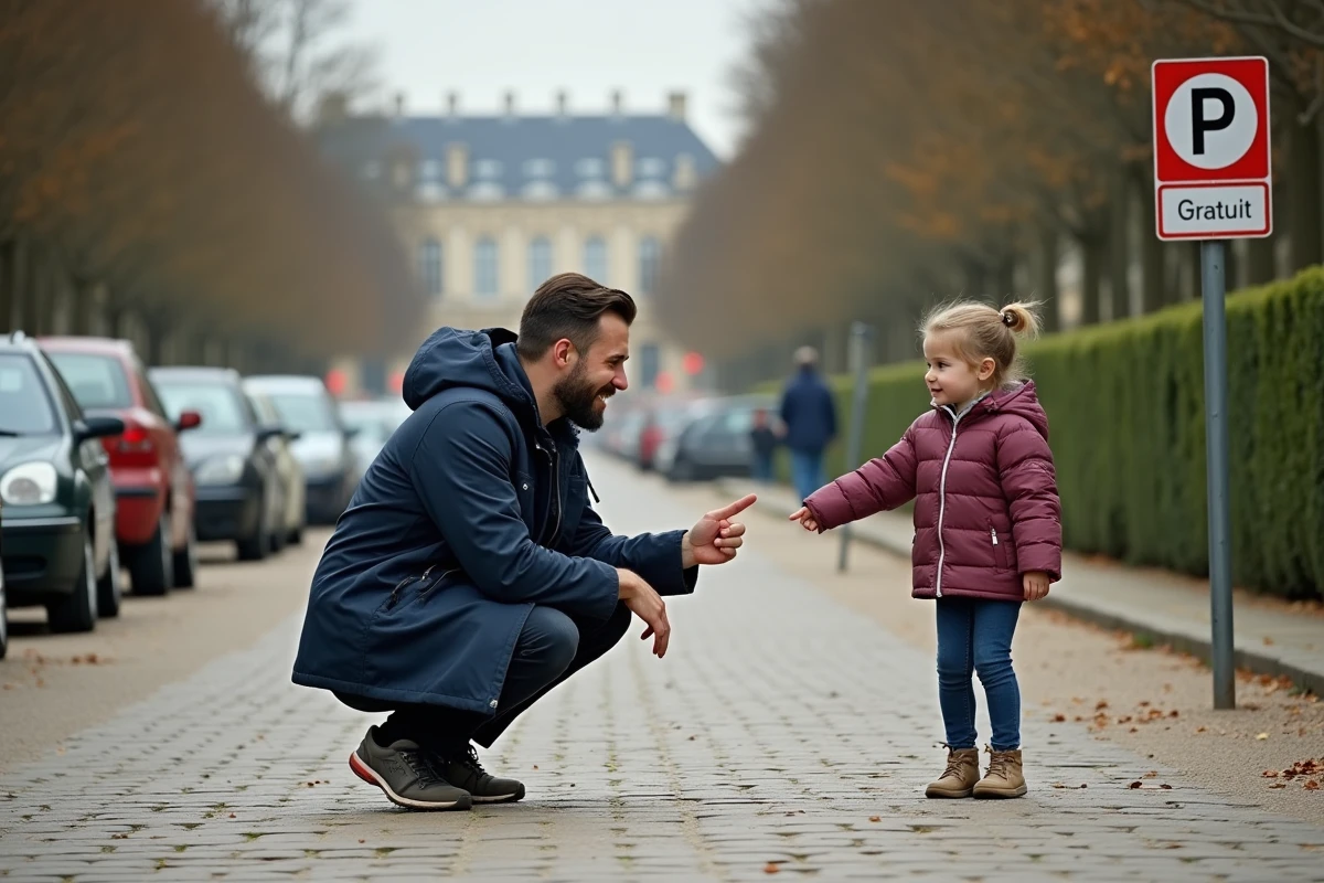 Père et fille pointant un panneau de stationnement à Versailles