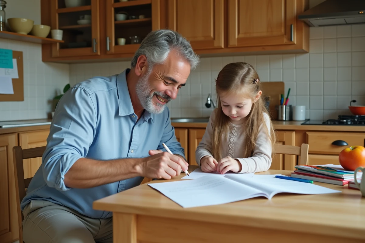 Père aidant sa fille à organiser ses fournitures scolaires