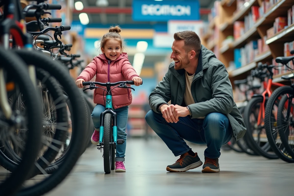 Père et fille choisissant un vélo avec des chèques vacances dans un magasin