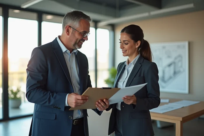Homme d'affaires en costume bleu discute plans immobiliers avec une jeune femme