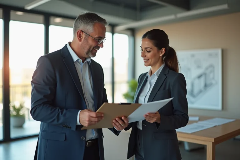 Homme d'affaires en costume bleu discute plans immobiliers avec une jeune femme