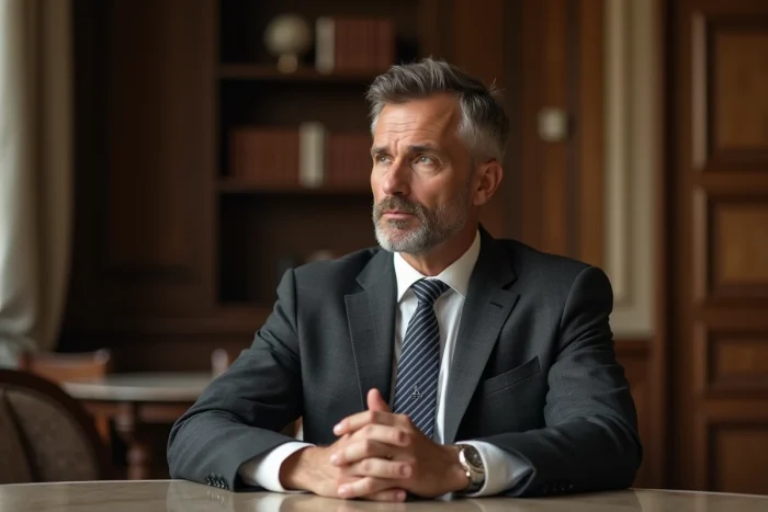 Portrait professionnel d'un homme politique européen en costume gris dans une salle de réception élégante