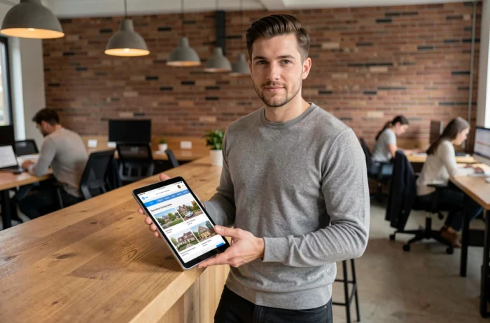 Jeune professionnel consultant le plan du site G Immobilier sur une tablette dans un espace de coworking