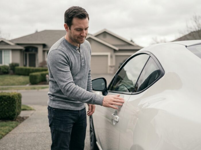 Propriétaire de voiture inspectant la surface protégée de sa voiture blanche dans une allée résidentielle, comparant la protection invisible à une zone non traitée