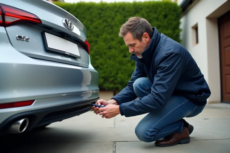 Homme installant des vis antivol sur une plaque d'immatriculation à l'arrière d'une voiture dans une allée résidentielle