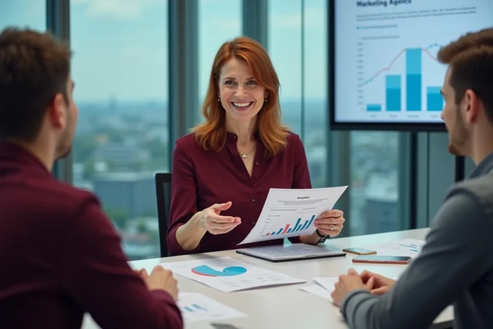 Responsable d'agence web présentant des rapports de performance digitale à des clients lors d'une réunion en salle de conférence