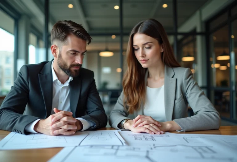 Deux professionnels en réunion d'architecture dans un bureau moderne