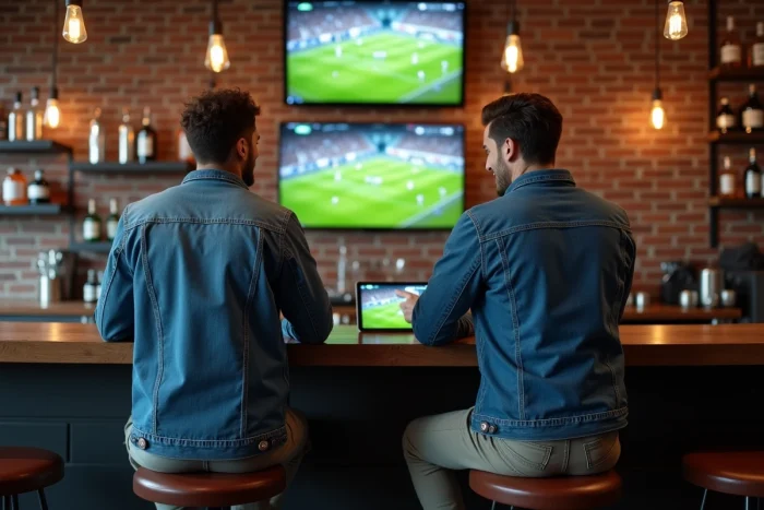 Deux amis regardant un match de football en streaming légalement sur une tablette dans un bar sportif