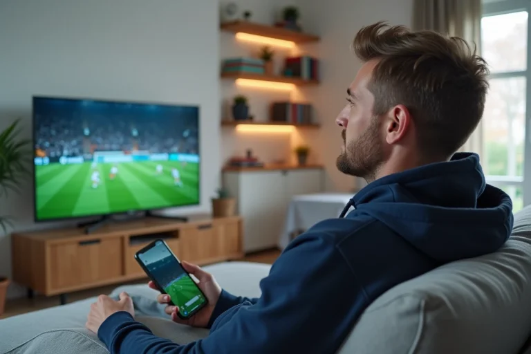 Homme regardant un match de football en streaming légalement sur son téléviseur dans un salon moderne