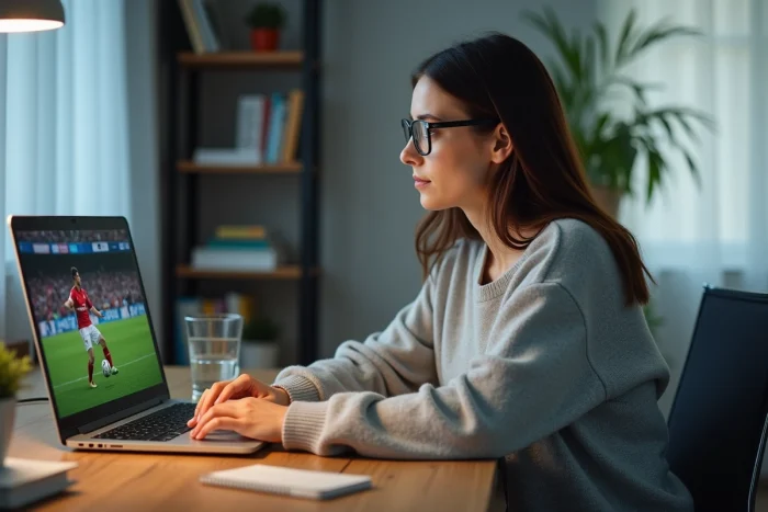 Femme regardant un match de football en streaming sur son ordinateur portable depuis son bureau à domicile
