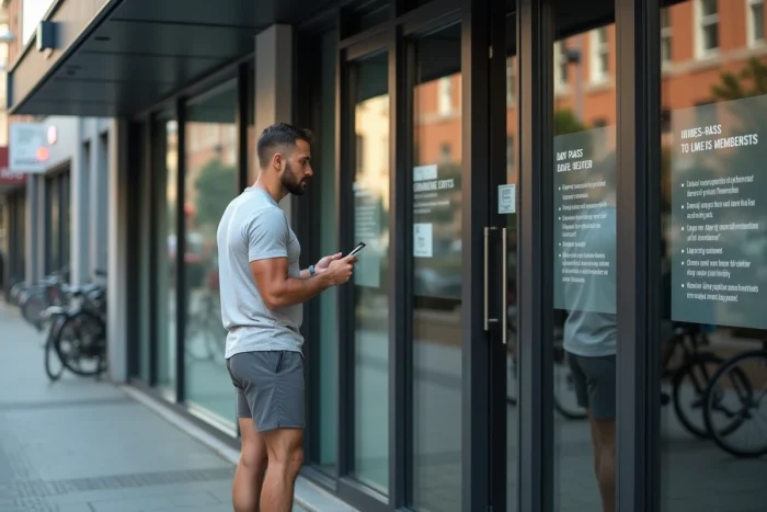 Homme lisant les informations sur les tarifs et accès ponctuels à l'entrée d'une salle de sport Basic Fit